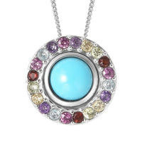 AMERICAN Natural Sleeping Beauty Turquoise and Multi Gemstone Halo Pendant Necklace 18 Inches in Rhodium Over Sterling Silver 2.75 ctw