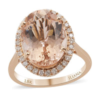 ILIANA 18K Rose Gold AAA Marropino Morganite and Diamond G-H SI Halo Ring 3.50 Grams 5.70 ctw