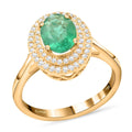 ILIANA 18K Yellow Gold AAA Kagem Zambian Emerald and G-H SI Diamond Double Halo Ring 4.30 Grams 1.50 ctw - Sticky add to cart bar
