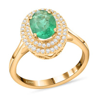 ILIANA 18K Yellow Gold AAA Kagem Zambian Emerald and G-H SI Diamond Double Halo Ring 4.30 Grams 1.50 ctw