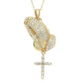 Simulated Diamond Prayer of God Hands and Cross Pendant Necklace 18 Inches in 14K Yellow Gold Over Sterling Silver 1.50 ctw - Sticky add to cart bar