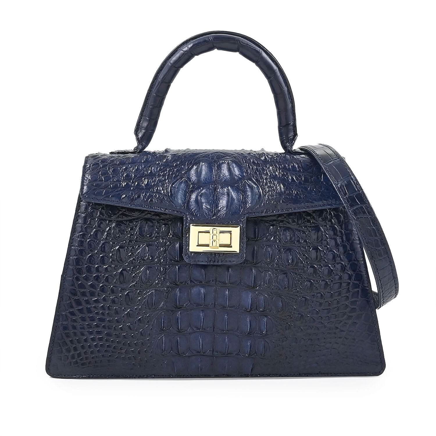 Grand Pelle Navy Genuine Crocodile Leather Handbag (11.02"x7.48"x3.97")