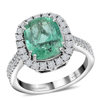 Rhapsody AAAA Boyaca Colombian Emerald and E-F VS Diamond 4.60 ctw Halo Ring in 950 Platinum 7.50 Grams