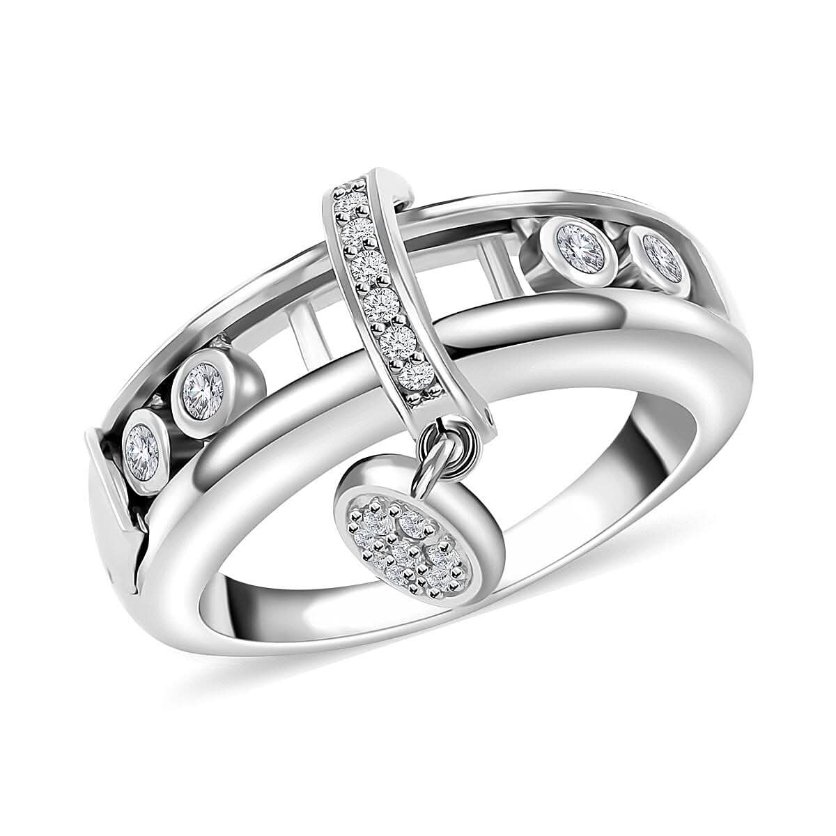 Simulated Diamond Slider Ring with Charm in Rhodium Over Sterling Silver (Size 9.0)