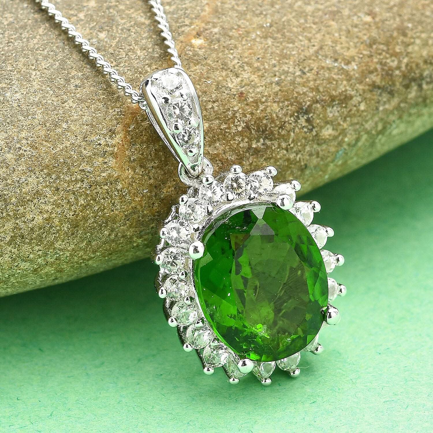 Chrome Diopside and White Zircon Halo Pendant Necklace 18 Inches in Rhodium Over Sterling Silver 3.15 ctw