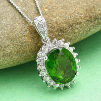Chrome Diopside and White Zircon Halo Pendant Necklace 18 Inches in Rhodium Over Sterling Silver 3.15 ctw