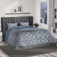 Blue Solid and Geometrical Print Microfiber 3pcs Comforter Set  - Queen
