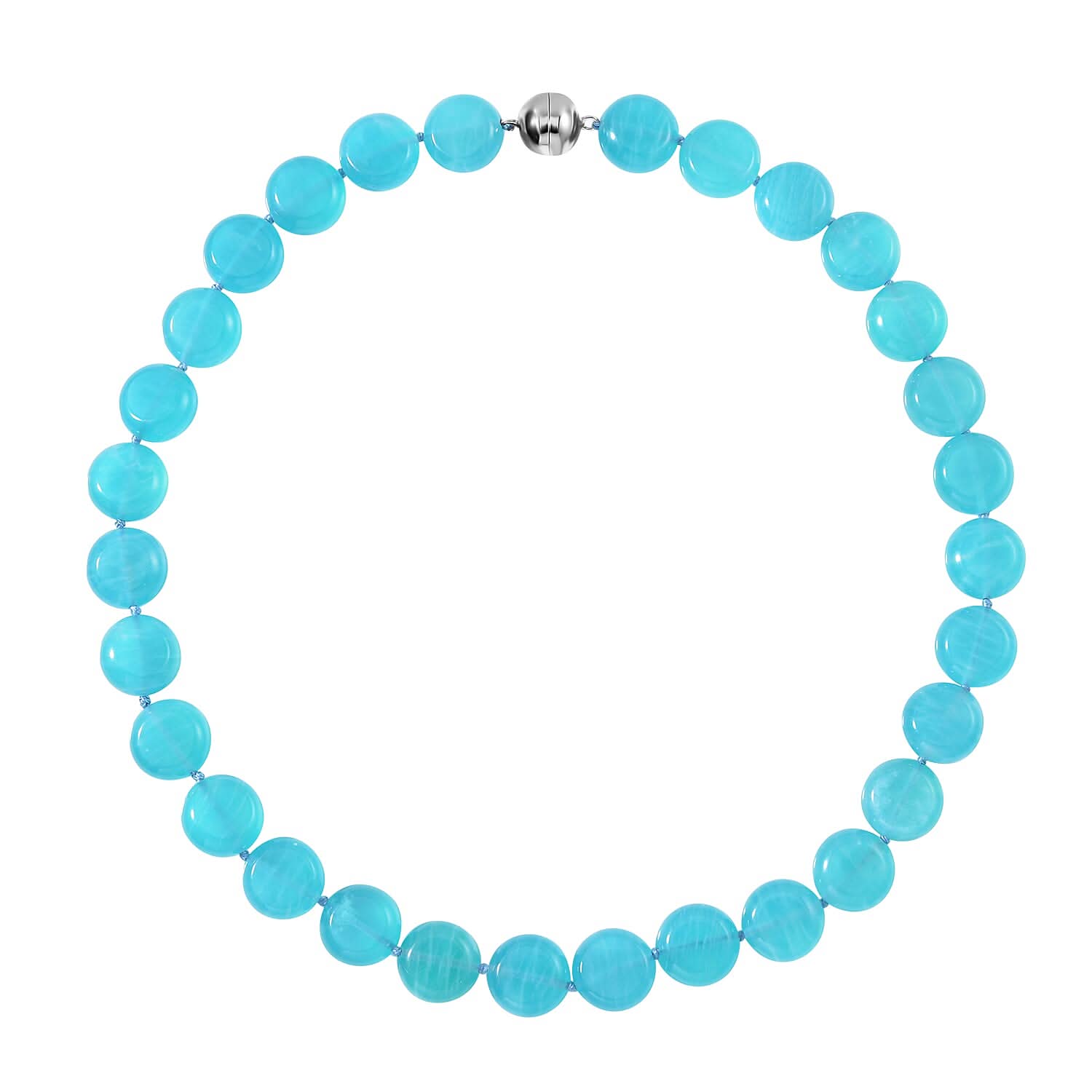 AAAA Amazonite Beaded Coin Shape Necklace 20 Inches with Magnetic Lock in Rhodium Over Sterling Silver 402.50 ctw