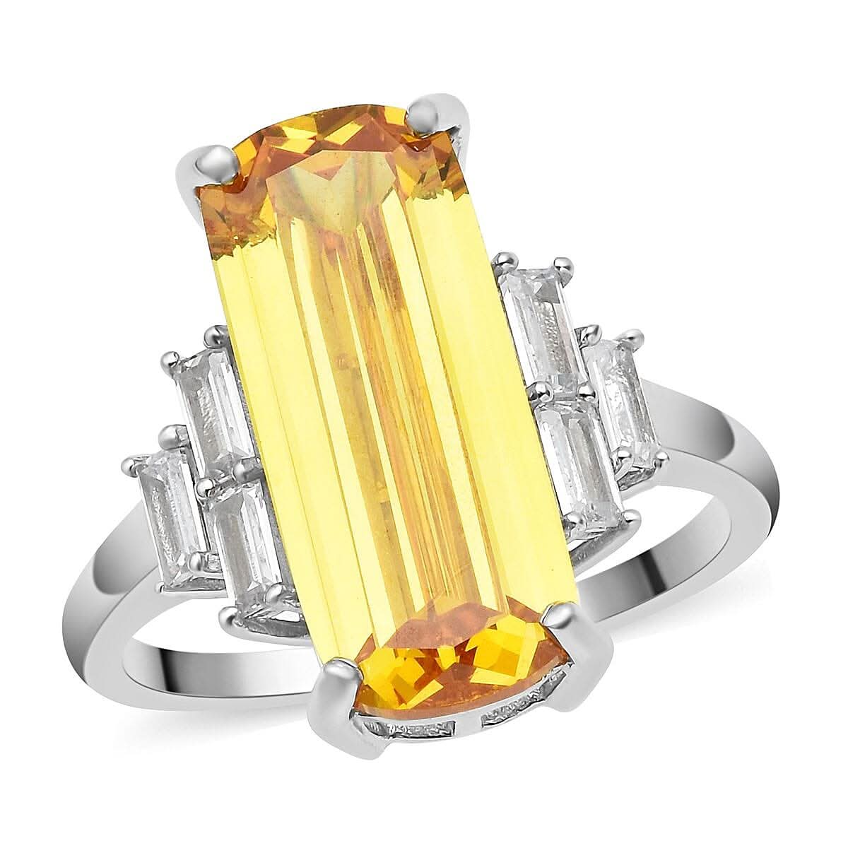 LUSTRO STELLA Finest Yellow and White CZ Elongated Ring in Platinum Over Sterling Silver (Size 7.0) 10.35 ctw (1)