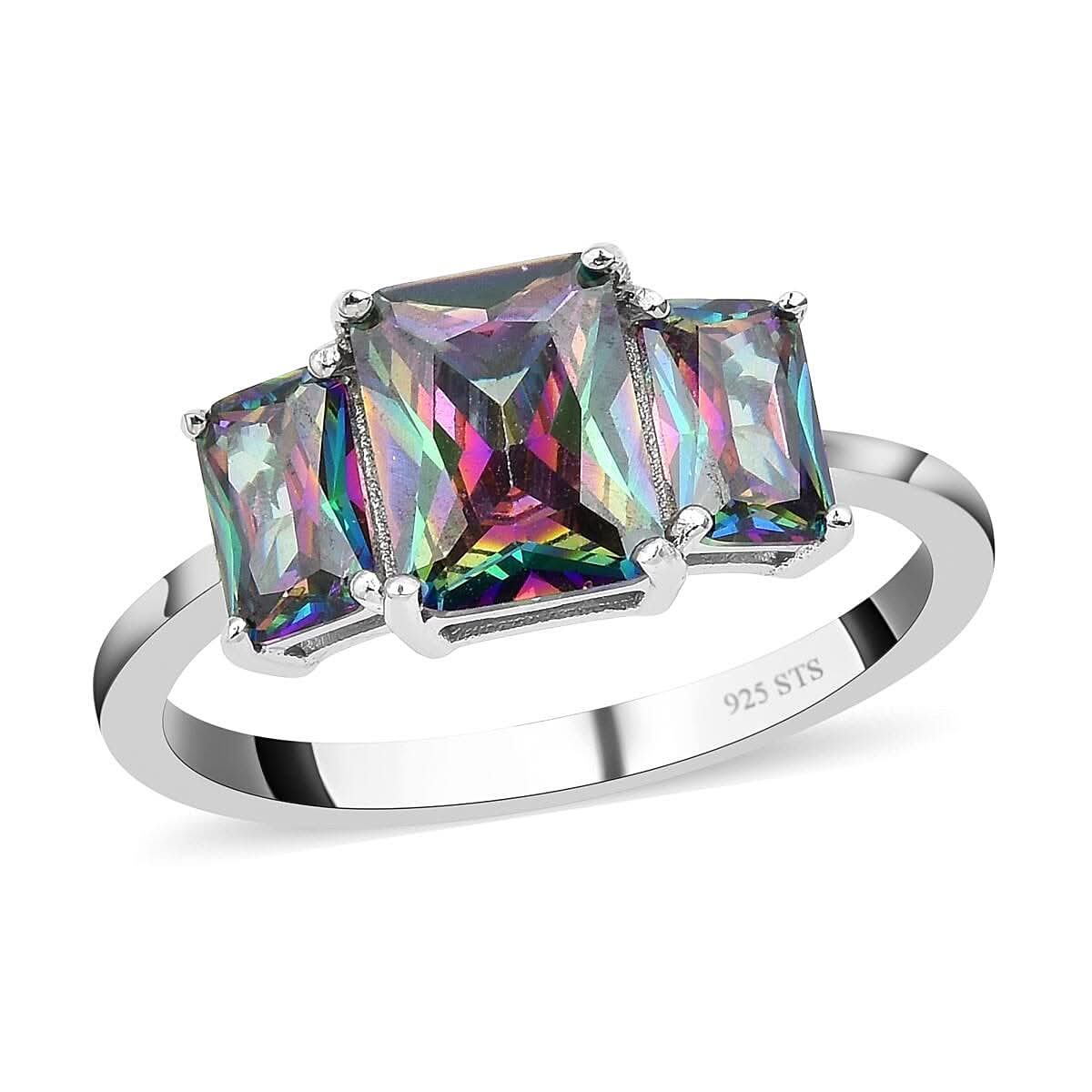 LUSTRO STELLA Finest Mystic Green CZ 3 Stone Ring in Platinum Over Sterling Silver 3.65 ctw