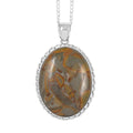 Green Ocean Jasper Oval Pendant Necklace 18 Inches in Silvertone 65.00 ctw - Sticky add to cart bar