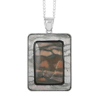 Rainbow Jasper and Red Zebra Jasper Rectangle Pendant Necklace 18 Inches in Silvertone 80.00 ctw