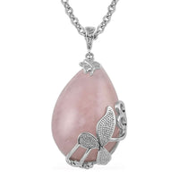Galilea Rose Quartz Pendant Necklace 18-20 Inches in Silvertone and Stainless Steel 40.00 ctw