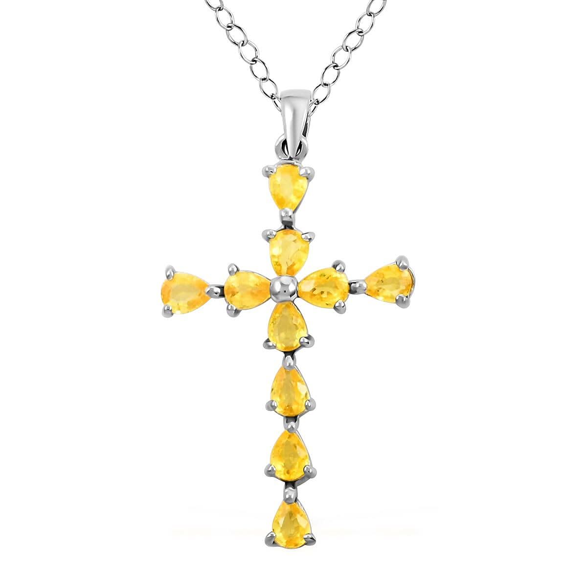 Yellow Sapphire Cross Pendant Necklace 18 Inches in Platinum Over Sterling Silver 1.75 ctw