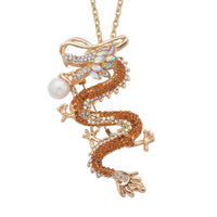 Multi Color Austrian Crystal, Resin and Enameled Dragon Brooch or Pendant Necklace 28-30 Inches in Goldtone