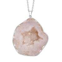 White Drusy Quartz Pendant Necklace 24 Inches in Silvertone and Stainless Steel