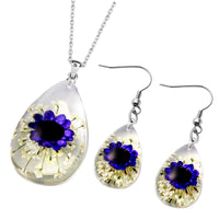 Blue and Green Resin Floral Earrings and Pendant Necklace (24 Inches) in Stainless Steel