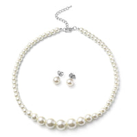 Set of 2 Simulated White Pearl Necklace 20-22 Inches and Earrings in Silvertone and Stainless Steel