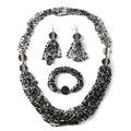 White, Multi Color Seed Beaded Tassels Earrings, Stretch Bracelet and Multi Layered Necklace 22 Inches in Silvertone - Sticky add to cart bar