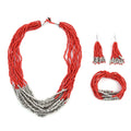 Red Seed Beaded Earrings, Wrap Bracelet and Multi Strand Necklace in Stainless Steel 22 Inches - Sticky add to cart bar