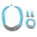 Blue Seed Beaded Multi Strand Necklace, Stretch Bracelet and Earrings - Sticky add to cart bar