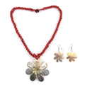 Mother of Pearl Flower Earrings and Pendant with Red Seed Beaded Necklace 20 Inches in Stainless Steel - Sticky add to cart bar