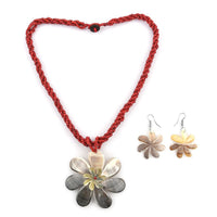 Mother of Pearl Flower Earrings and Pendant with Red Seed Beaded Necklace 20 Inches in Stainless Steel