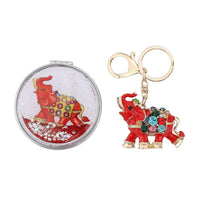 Set of 2 Multi Color Austrian Crystal, Enameled Royal Elephant Keychain and Mirror in Goldtone