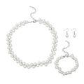 Simulated White Pearl Dangle Earrings, Adjustable Bracelet and Necklace 20-22.5 Inches in Silvertone & Stainless Steel - Sticky add to cart bar