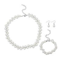 Simulated White Pearl Dangle Earrings, Adjustable Bracelet and Necklace 20-22.5 Inches in Silvertone & Stainless Steel