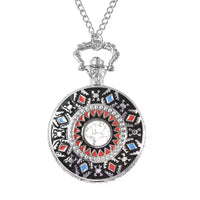 Strada Crystal Japanese Movement Carved Moon & Star Pocket Watch with Chain 31 Inches
