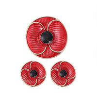 Black and Red Enameled Poppy Floral Brooch and Stud Earrings in Goldtone