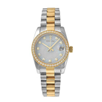 Eon 1962 Made with Finest CZ Swiss Movement MOP Dial Watch in ION Plated YG and Stainless Steel with Ear Fork and Screwdriver(31 mm) 1.85 ctw