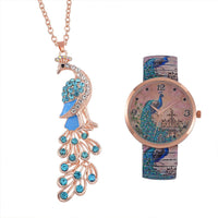 STRADA Green & White Austrian Crystal, Enameled Japanese Movement Tiger Head Pattern Stretch Watch in Stainless Steel and Tiger Head Pendant Necklace (24 Inches) in Rosetone