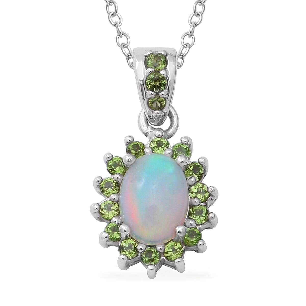 Ethiopian Welo Opal, Natural Chrome Diopside Cocktail Pendant Necklace (18 Inches) in Platinum Over Sterling Silver 1.35 ctw