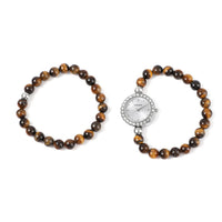 Set of 2 STRADA Japanese Movement White Austrian Crystal, Tiger's Eye Beaded Bracelet Watch with Matching Bracelet in Stainless Steel 176.50 ctw