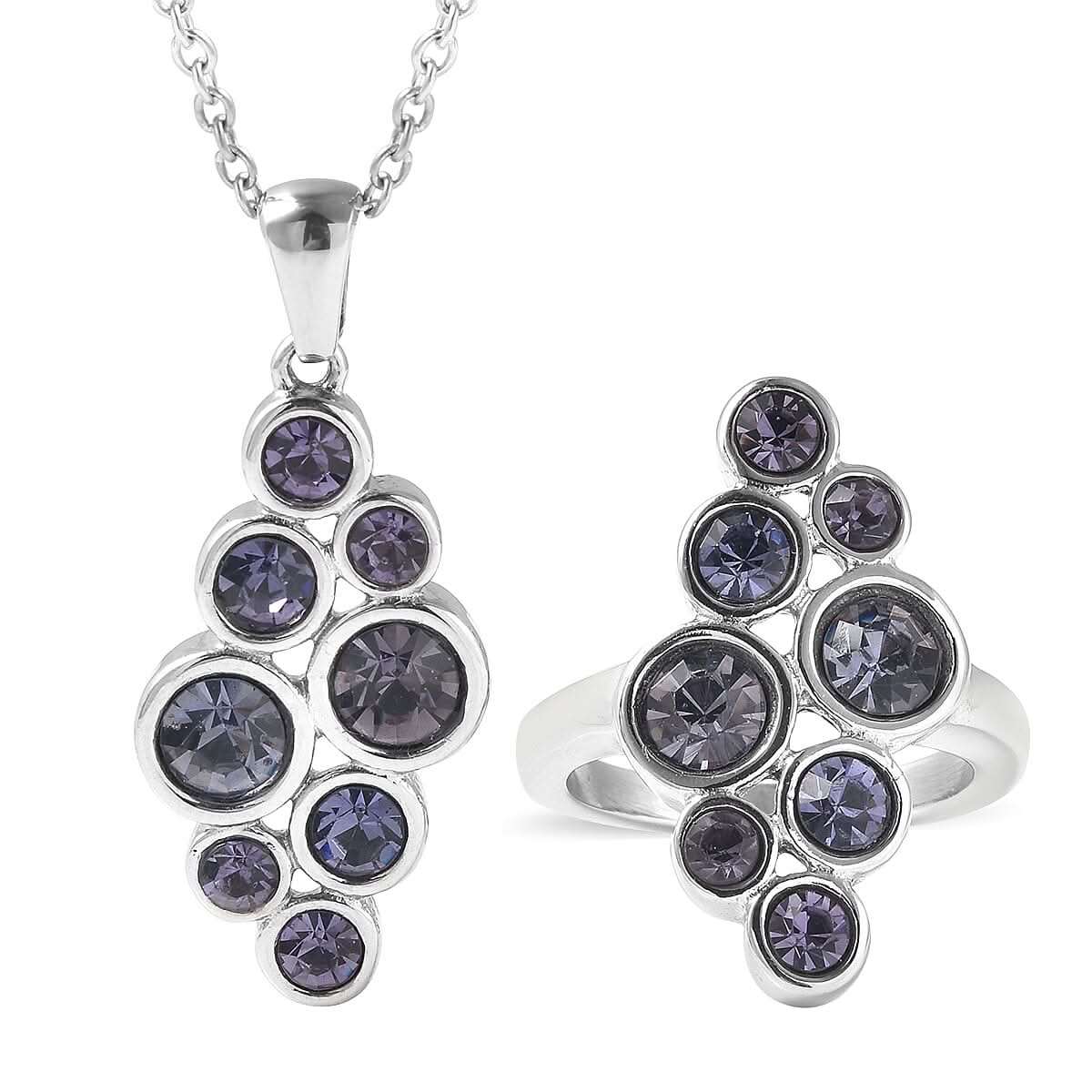 DOORBUSTER Purple Crystal Austrian Elongated Ring and Pendant Necklace 20 Inches in Stainless Steel (1)