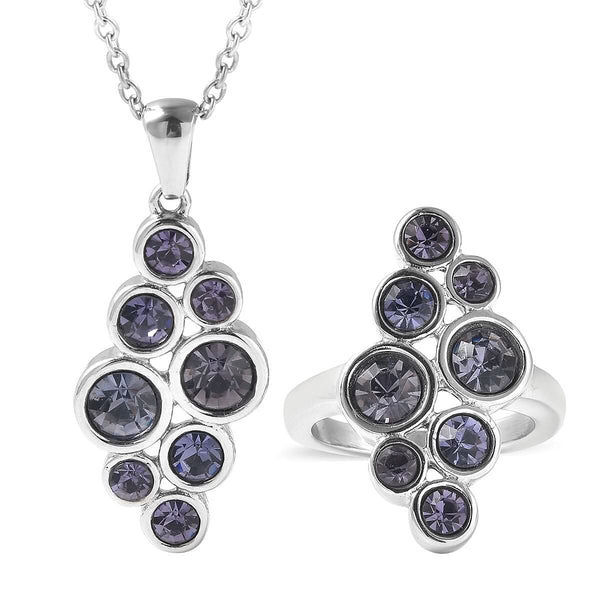 DOORBUSTER Purple Crystal Austrian Elongated Ring and Pendant Necklace 20 Inches in Stainless Steel - Product card gallery slide 1 (9431261708543)