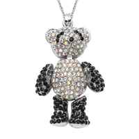 DOORBUSTER Blue, Aurora Borealis and Black Austrian Crystal Teddy Bear Pendant Necklace 24 Inches in Silvertone and Stainless Steel