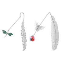Set of 2 Multi Austrian Crystal, Enameled Metallic Feather with Dragonfly Charm, Butterfly and Dried Flower Bookmarks in Silvertone