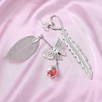 Set of 2 Multi Austrian Crystal, Angle Wing Charm, Butterfly and Dried Flower with Metallic Feather and Leaf Bookmarks in Silvertone