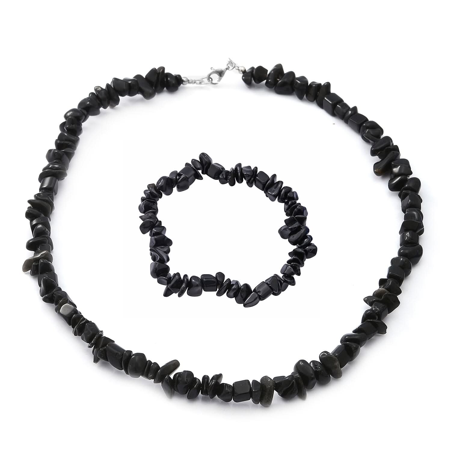 Black Obsidian Beaded Stretch Bracelet and Beaded Necklace (18 Inches) in Sterling Silver 170.00 ctw
