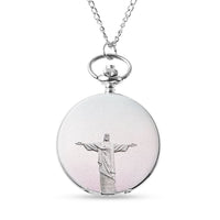 STRADA Japanese Movement Statue of Liberty Pattern Pocket Watch with Silvertone Chain (up to 31 Inches)