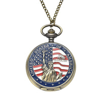 STRADA Japanese Movement Antique Statue of Liberty with American Flag Pattern Pocket Watch with Chain (31 Inches) (Ships in 5-7 Business Days)