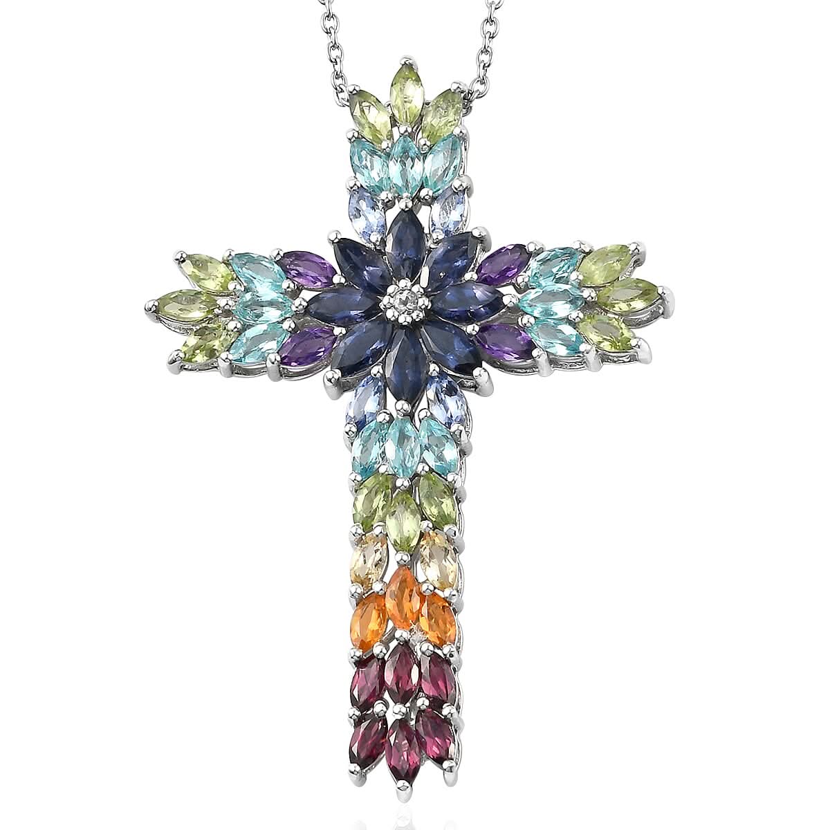 Catalina Iolite and Multi Gemstone Pendant Necklace 20 Inches in Platinum Over Sterling Silver 8.25 ctw