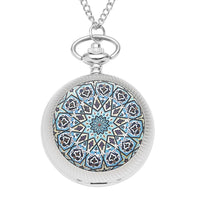 STRADA Japanese Movement Blue & Black Flower Pattern Rotating Pocket Watch with Rosetone Chain (31 Inches)
