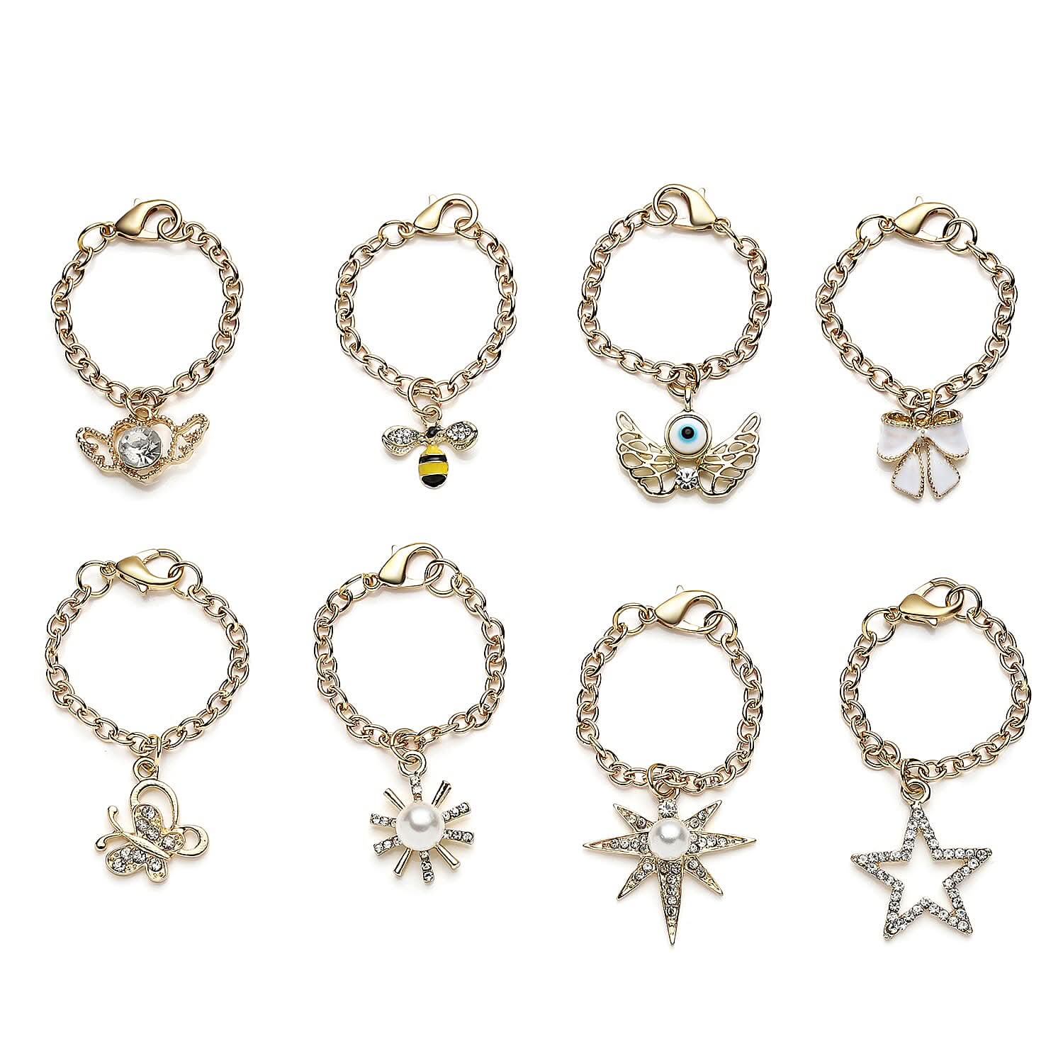 Set of 8 Resin, Simulated Pearl, Austrian Crystal and Enameled Charm with Chain (3.5)  Inches in Goldtone