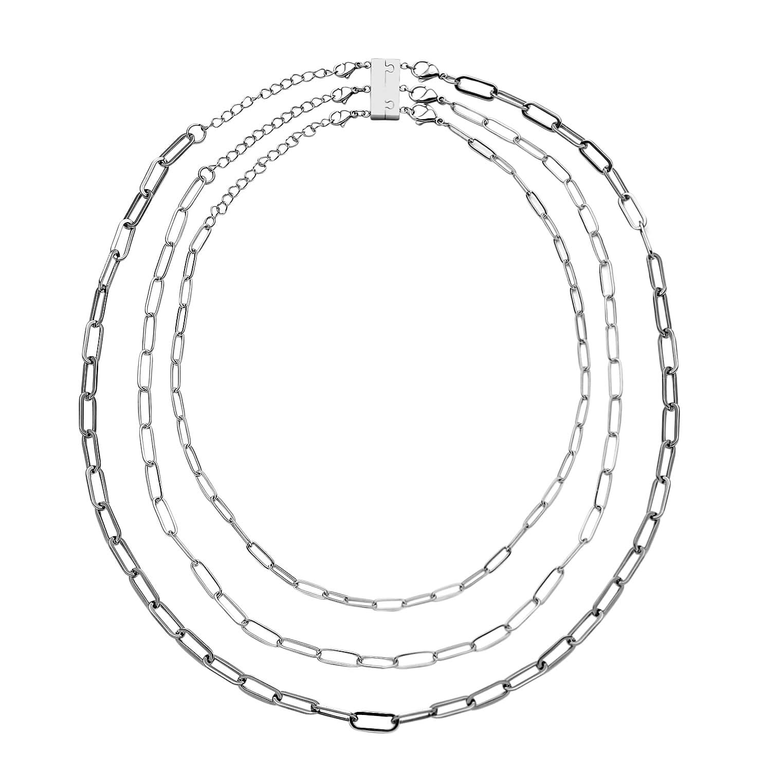 EverTrue Set of 4, 3 Paperclip Chain Necklaces With Three Row Magnetic Layering Lock in Stainless Steel, Ever Ture Set of 4, Multi Strand Necklace For Women (16, 20, 24 In)