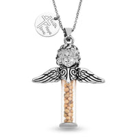 Glass and Mustard Color Seed Angel and Cross Pendant Necklace 20 Inches in Stainless Steel