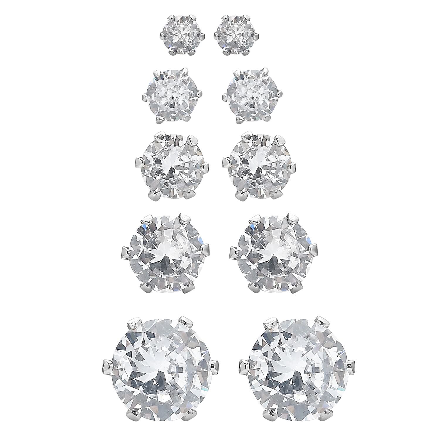 Set of 5 Simulated Diamond Solitaire Stud Earrings in Stainless Steel 2.70 ctw
